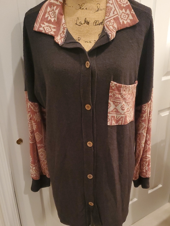 Lovely Melody Tops - Lovely Melody Brave the Cold Aztec Shacket Tunic Black & Brownish & Cream